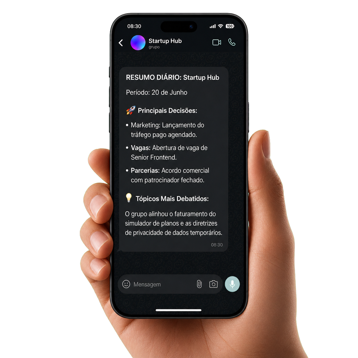 Mockup do celular mostrando o resumo diário no WhatsApp